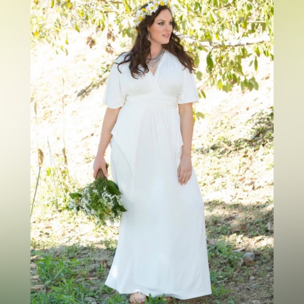 Kiyonna Indie Surplice V-Neck White Maxi Tiered‎ Dress Made In USA Size 2X - Picture 4 of 7
